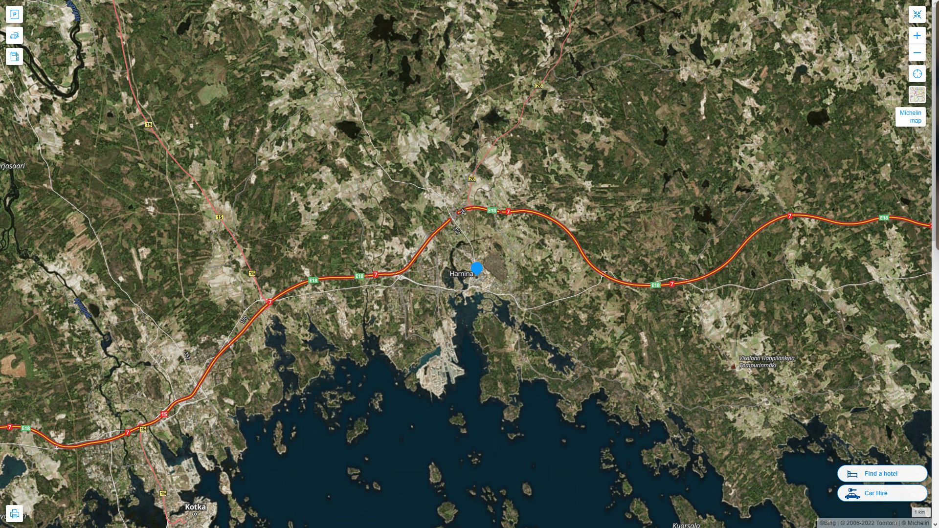 Hamina Finlande Autoroute et carte routiere avec vue satellite